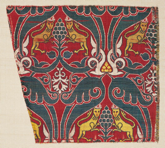 Francesca Galloway's forthcoming London exhibition of Islamic Courtly Textiles includes this Spanish Nasrid silk fragment depicting rampant crowned lions under split palmette leaves, probably Granada, late 15th century. Image courtesy Francesca Galloway.
